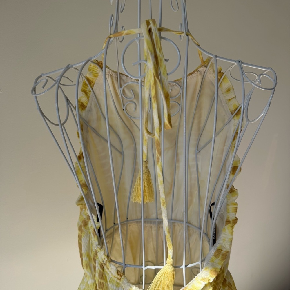 Majorelle baker Yellow Tie-Dye Ruffle Mini Dress Size S backless elastic waist - Picture 4 of 10